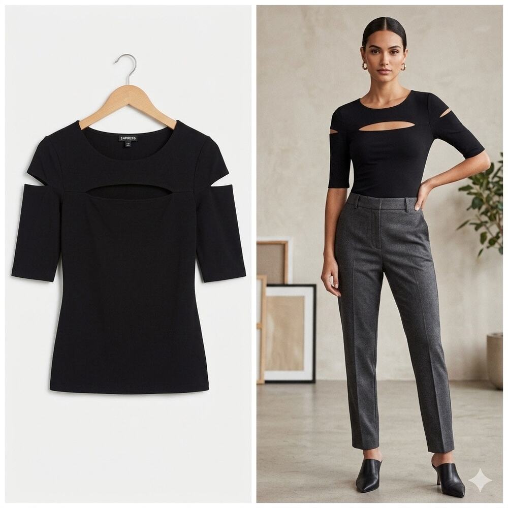 Express Black Cutout Top Cold Shoulder Slash Chest Tee Fitted Half Sleeve XS